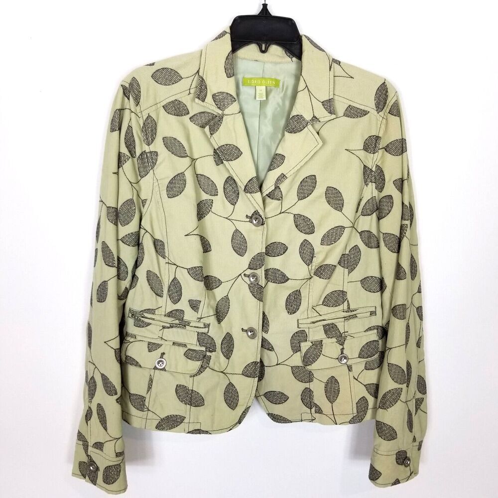 Sigrid Olsen Women Floral Embroidered Blazer Jacket Sz 14 Green Button Up Casual